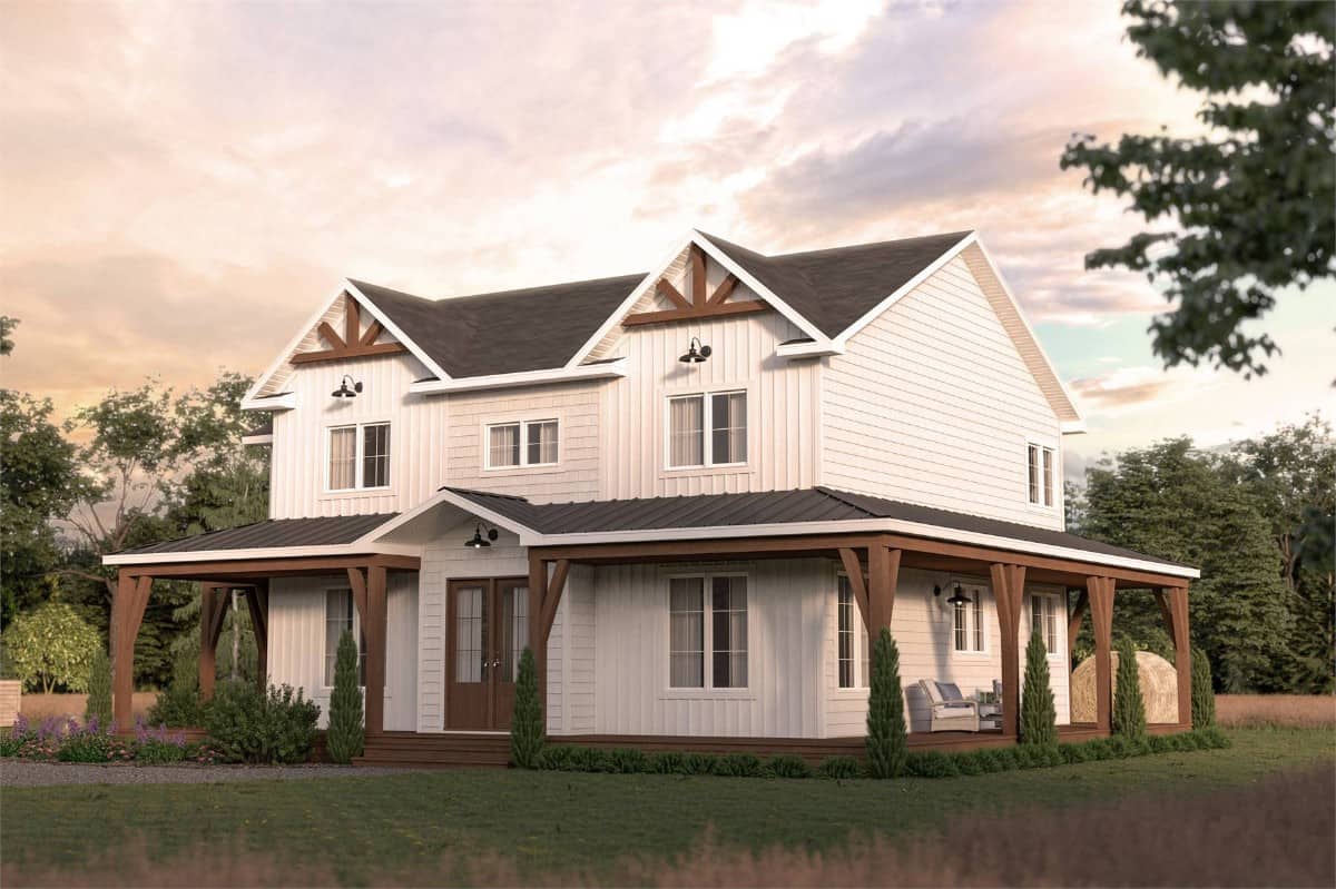 Front rendering with multiple gables and a wraparound porch bordered by wooden pillars.