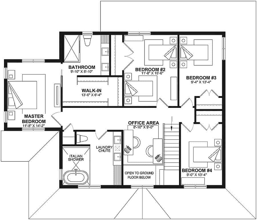 Second level floor plan with four bedrooms, two baths, and an office area.