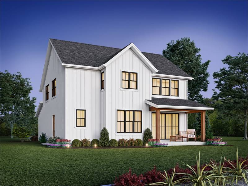 Rear rendering with vertical siding, aluminum-framed windows, and a covered porch supported by wooden columns.