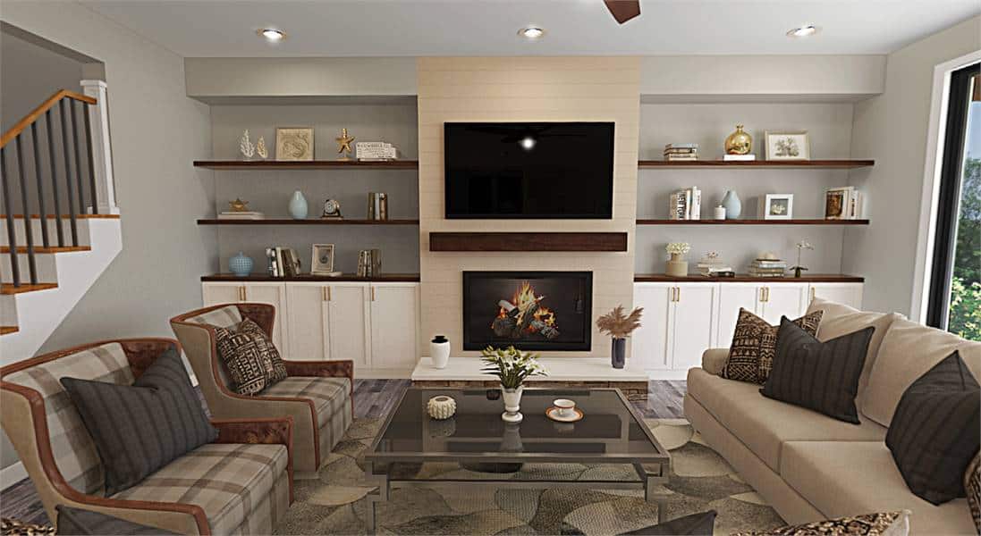 Great room with a modern sofa, plaid wingback chairs, a glass-top coffee table, and a TV mounted above the fireplace.