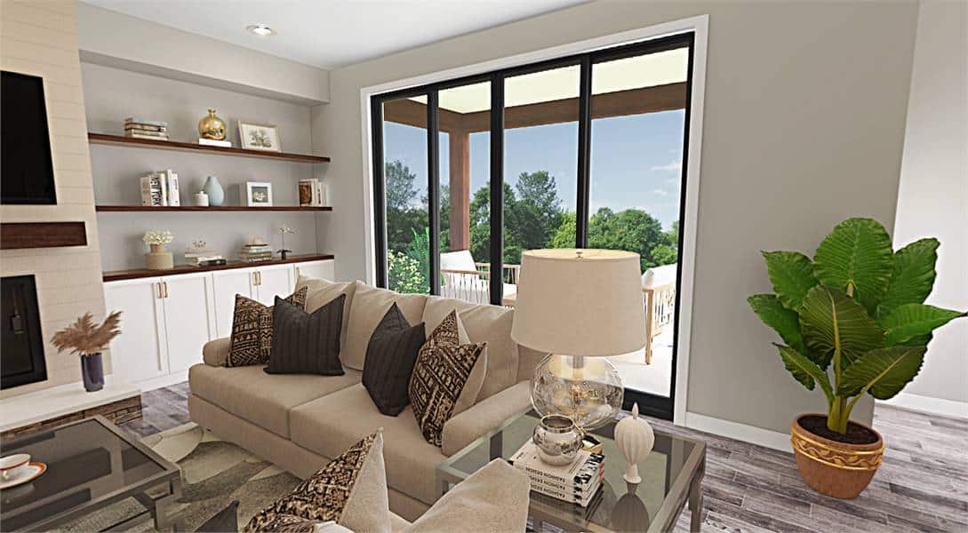 The great room includes sliding glass doors that open onto the back porch.