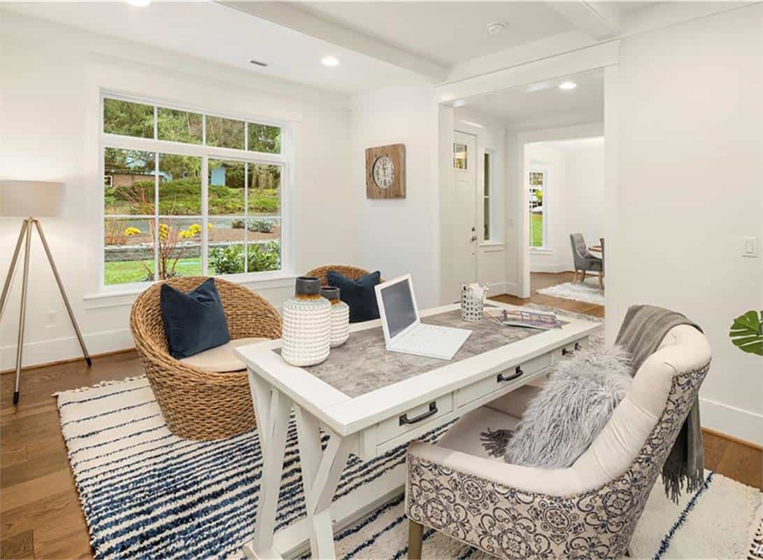 Den with a white desk, contemporary chairs, and a view of the front yard.