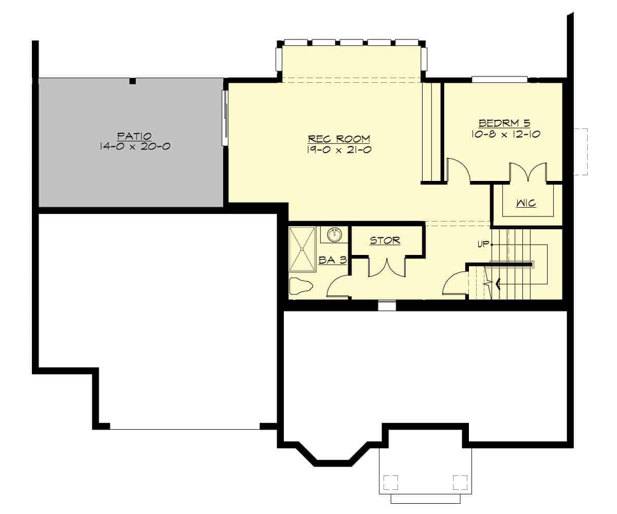 Lower level floor plan with a bedroom, a shared bathroom, and a rec room that opens to the patio.