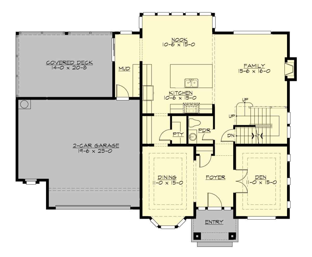 Main level floor plan of the Kalispell Crest two-story 5-bedroom craftsman home with foyer, dining room, den, family room, kitchen, breakfast nook, and mudroom leading to the garage.