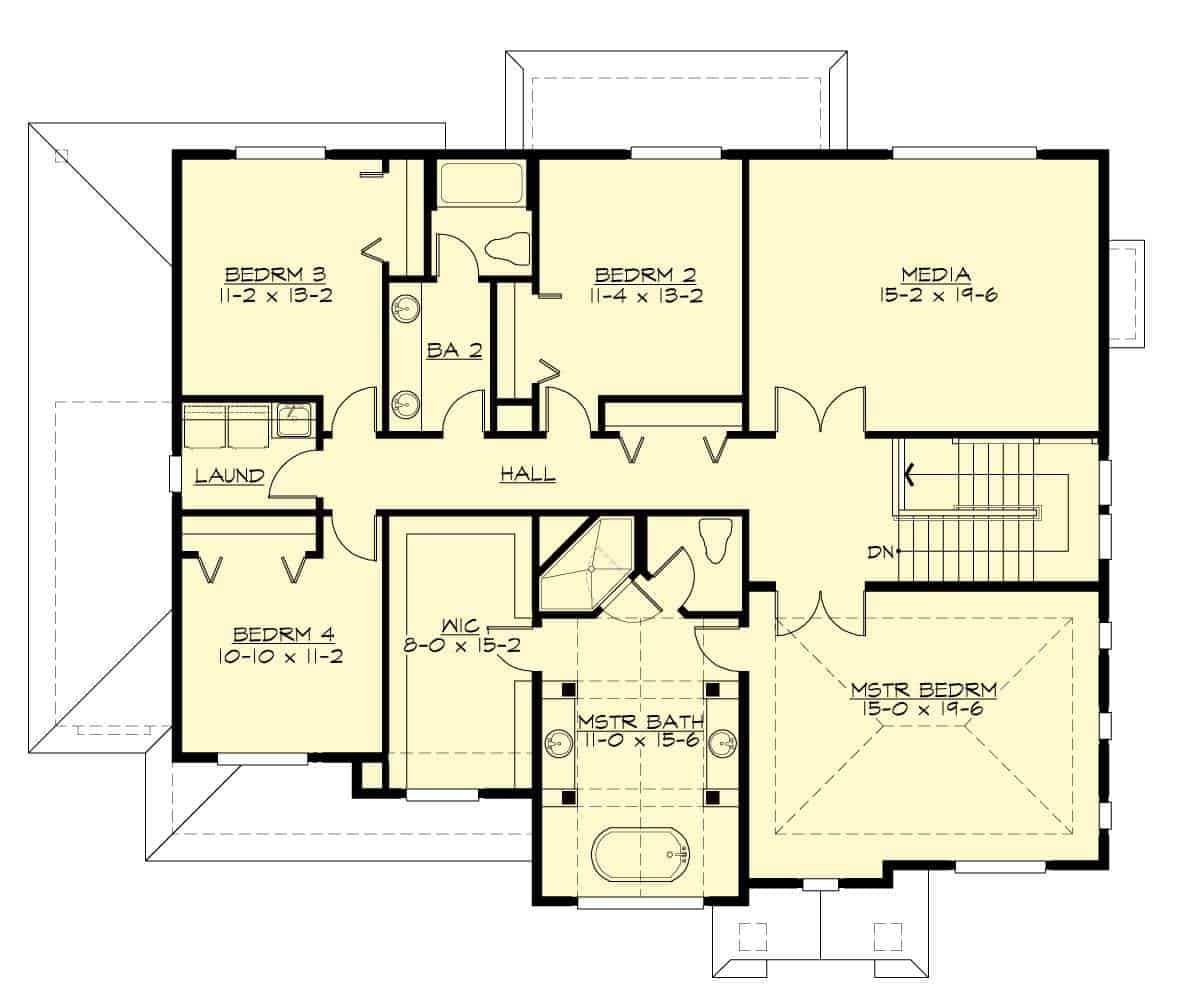 Second level floor plan with four bedrooms, two baths, a laundry room, and a media room.