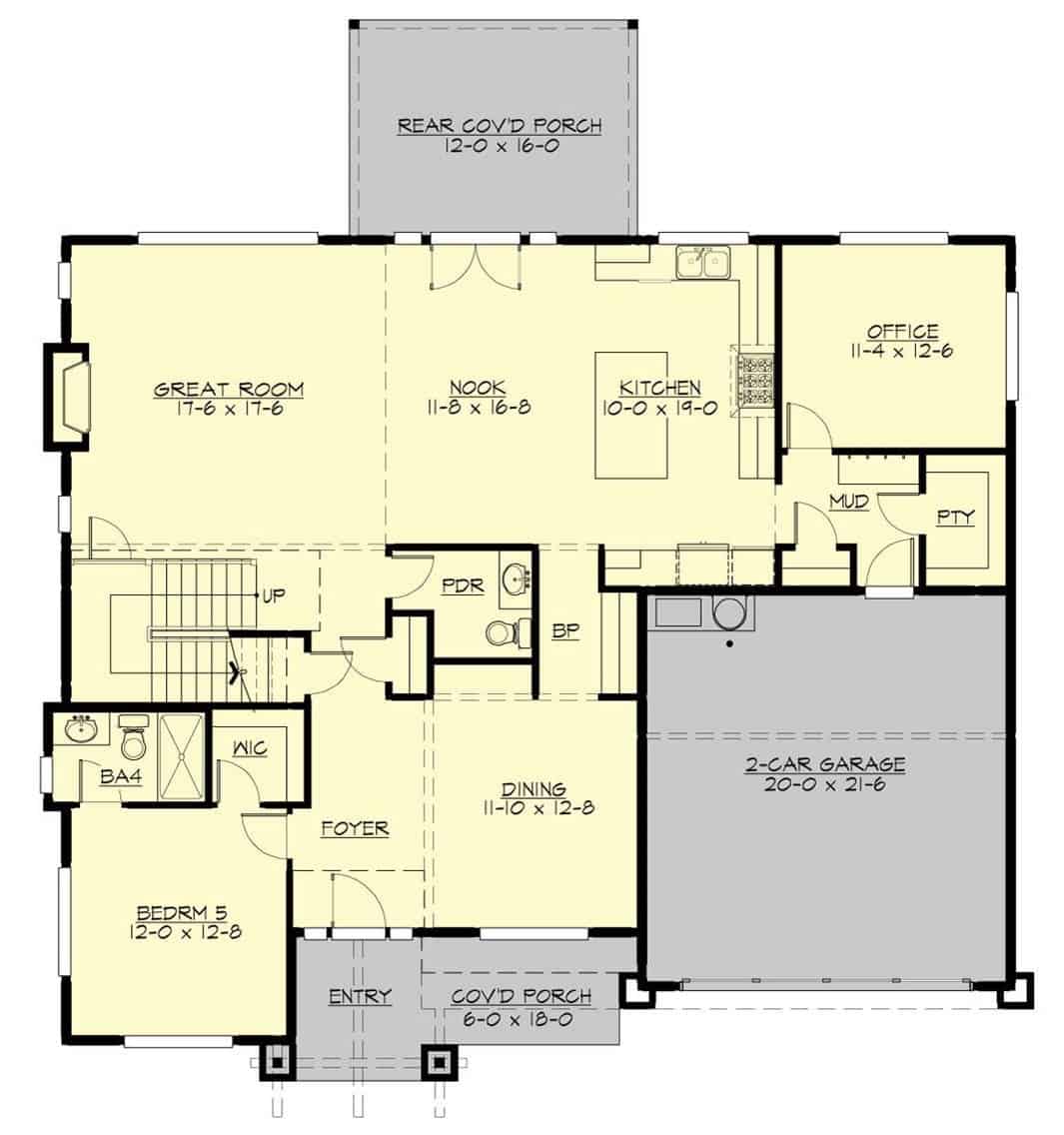 Main level floor plan of the McCartney two-story 5-bedroom craftsman home with foyer, dining room, great room, breakfast nook, kitchen, home office, a bedroom, and a mudroom leading to the garage.