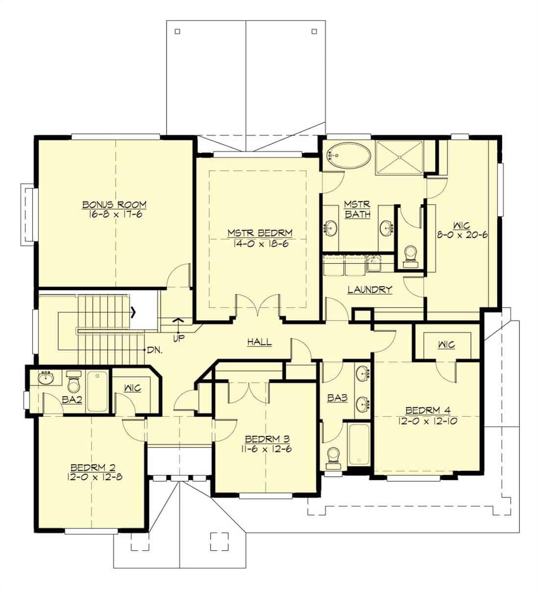 Second level floor plan with three bedrooms, a laundry room, and a bonus room.