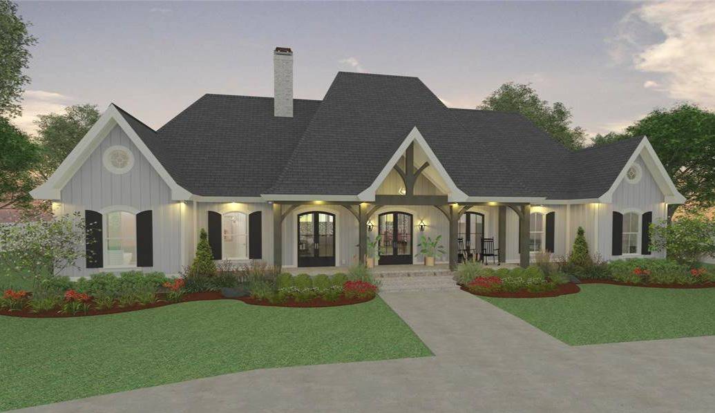 Front rendering with gable rooflines, shuttered windows, and a spacious entry porch framed with rustic timbers.