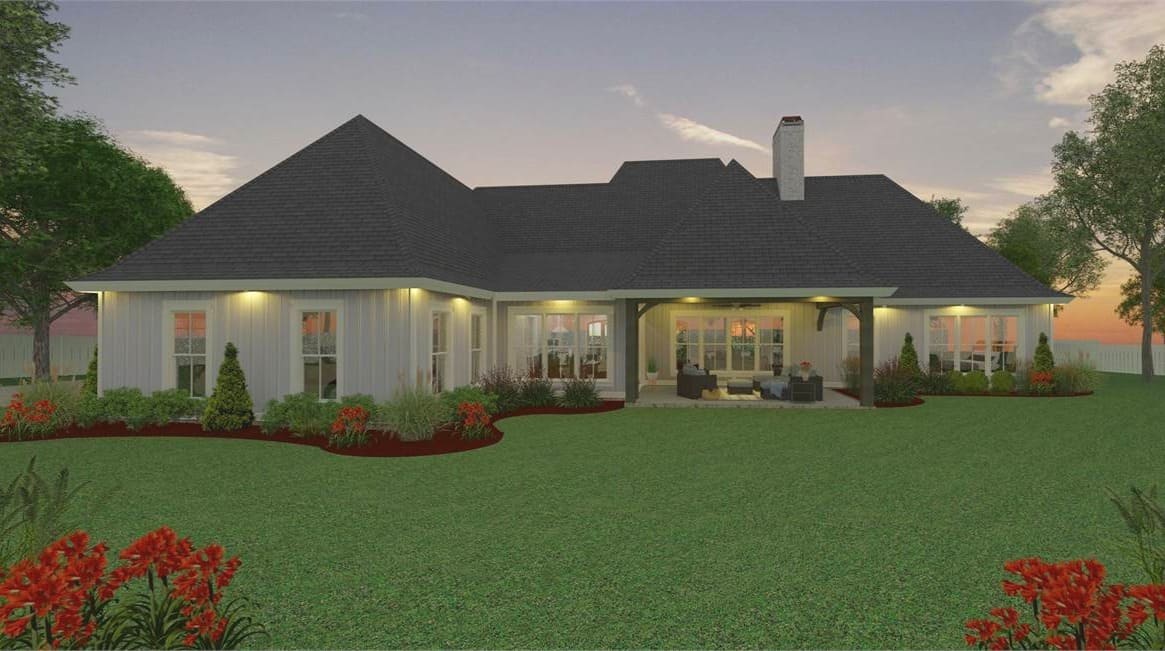 Rear rendering with plenty of windows and a covered porch supported by wooden pillars.