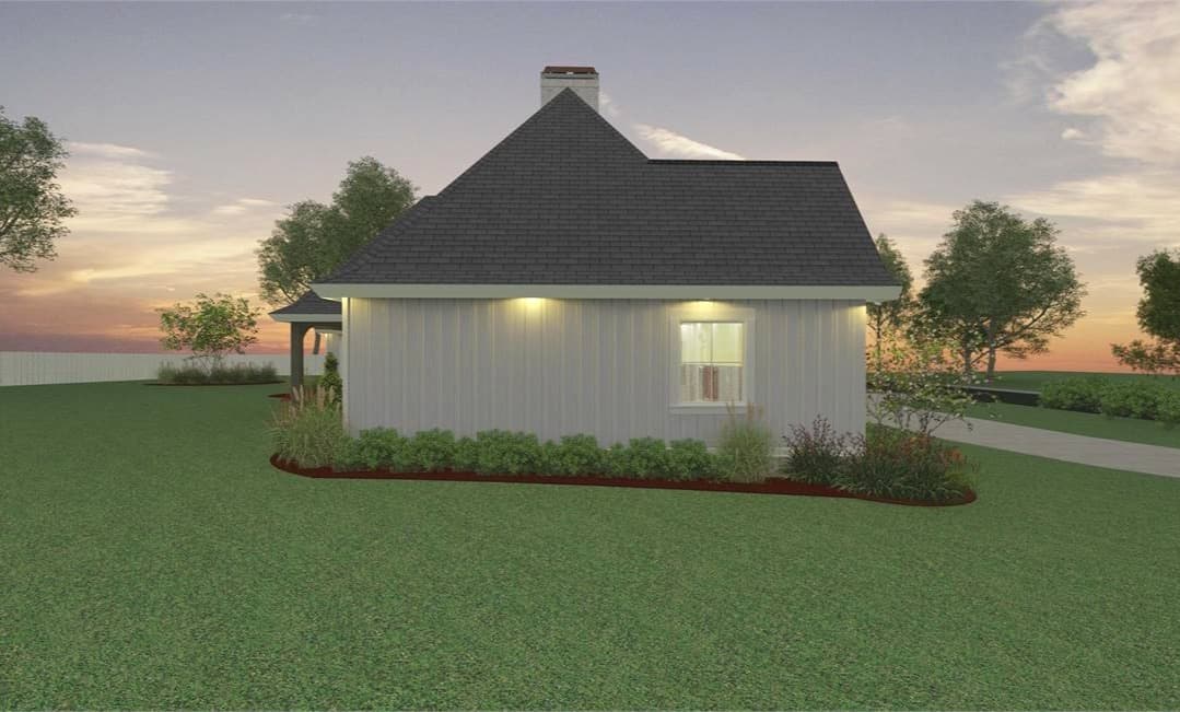 Left rendering with board and batten siding, tiled roofs, and a white-framed window.