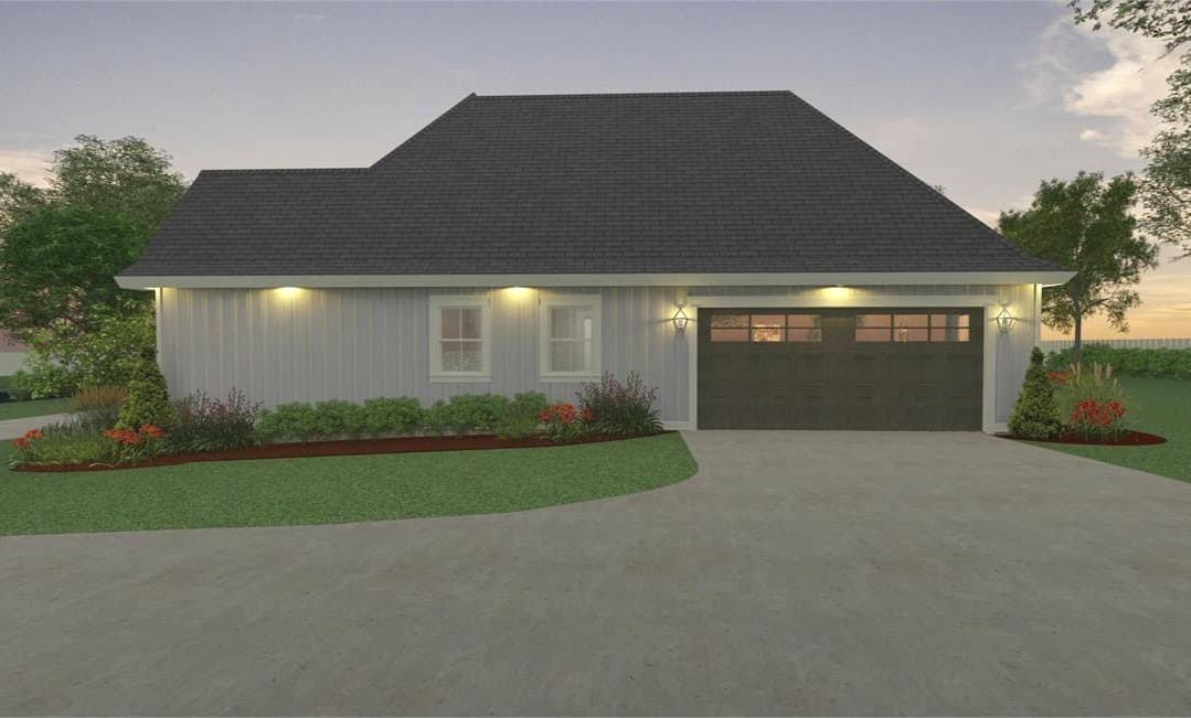Right rendering showcasing the 2-car garage with wooden glazed doors.