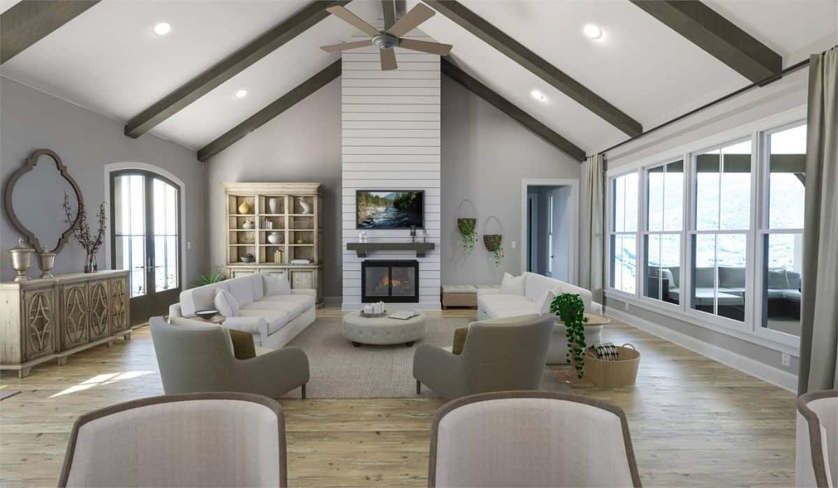 View of the vaulted living room from the dining area.