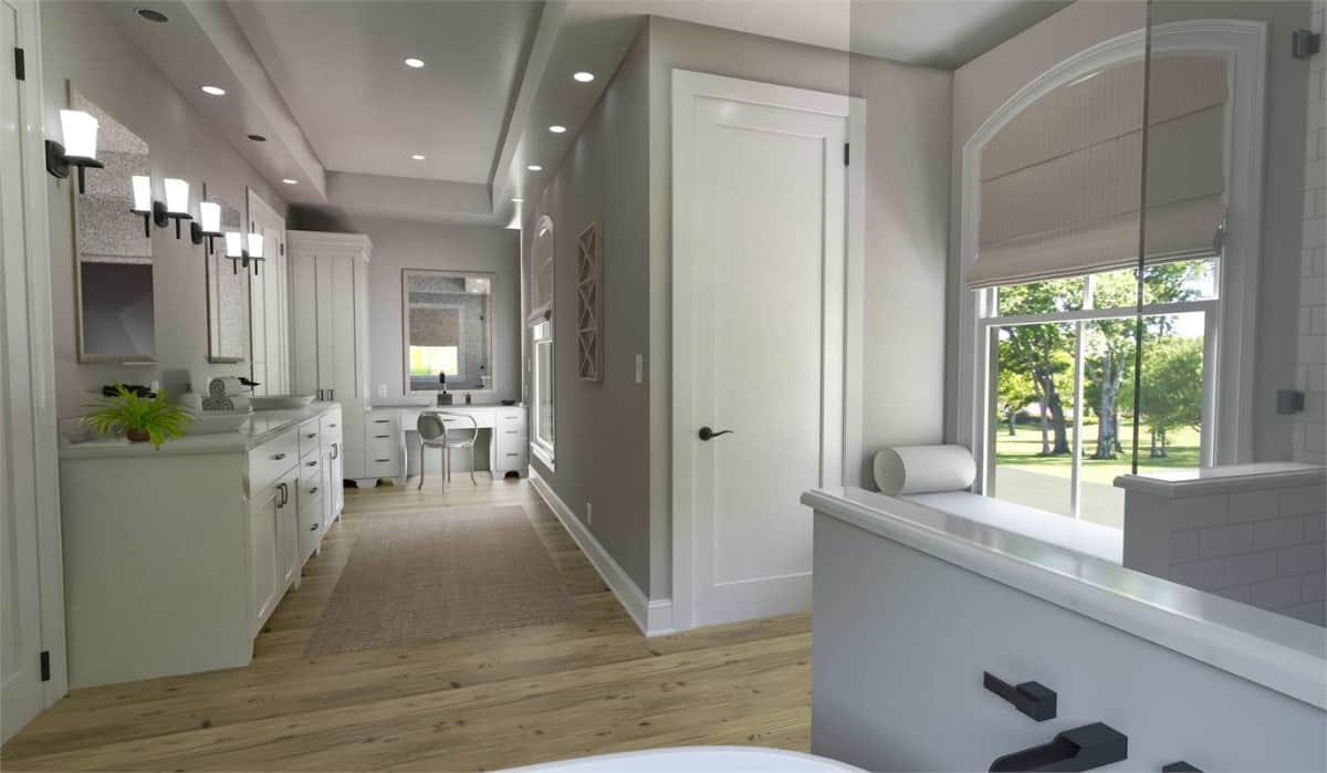 The primary bathroom includes a dual sink vanity and a makeup counter.