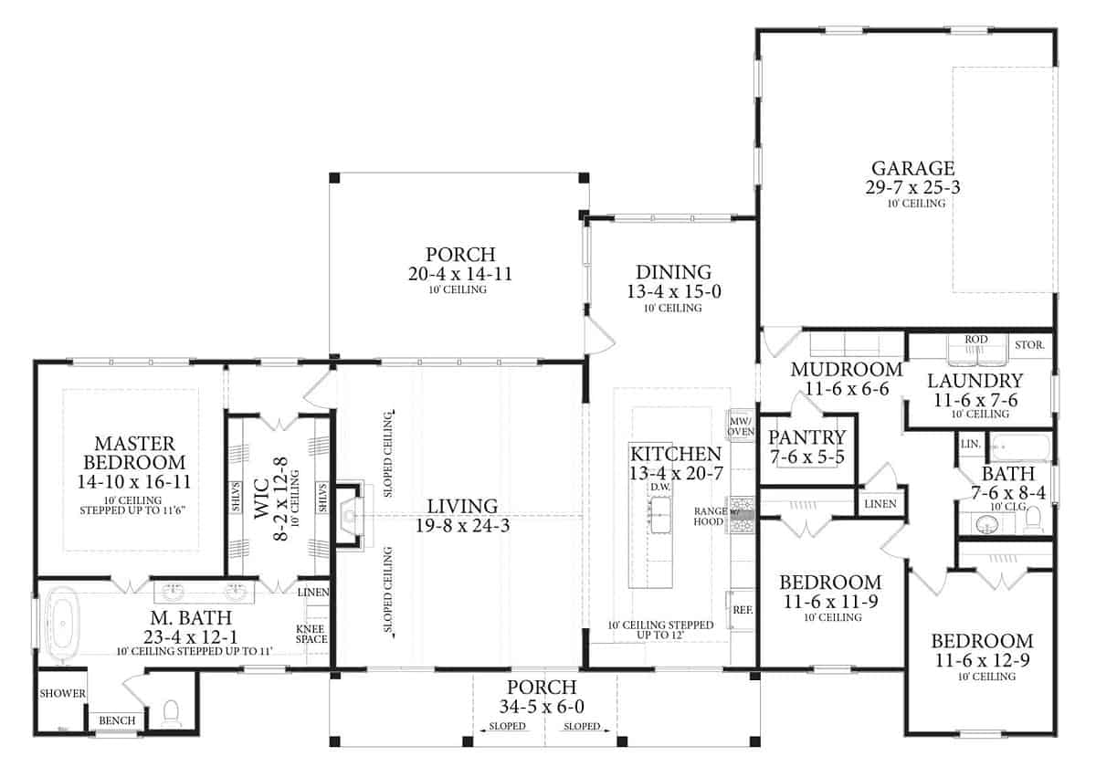 Main level floor plan of a 3-bedroom French farmhouse style single-story home with a front porch, living room, kitchen, dining area, three bedrooms, laundry, and mudroom leading to the garage.