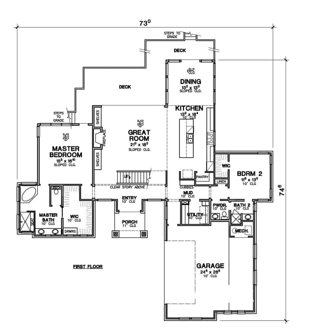 Main level floor plan of a modern style 3-bedroom two-story The Lake Travis home with a foyer, great room, kitchen, dining area, two bedrooms, and mudroom leading to the garage.