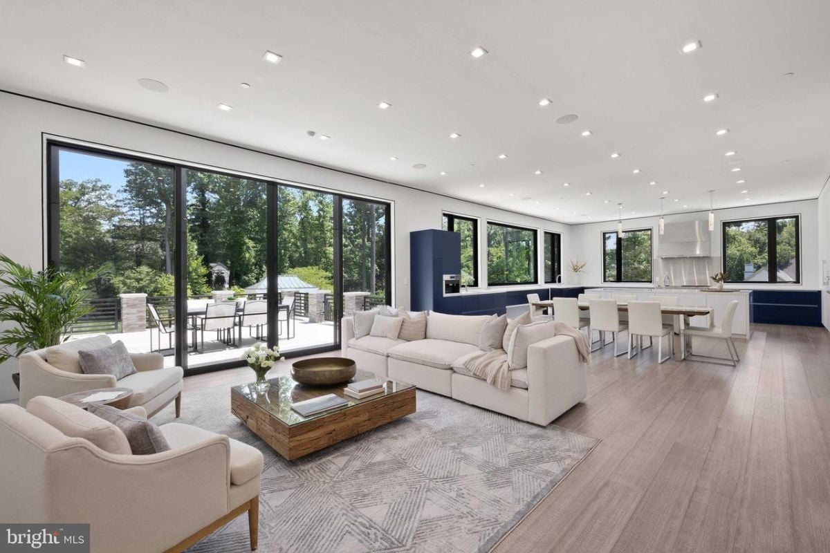 Living room, dining table, and kitchen.