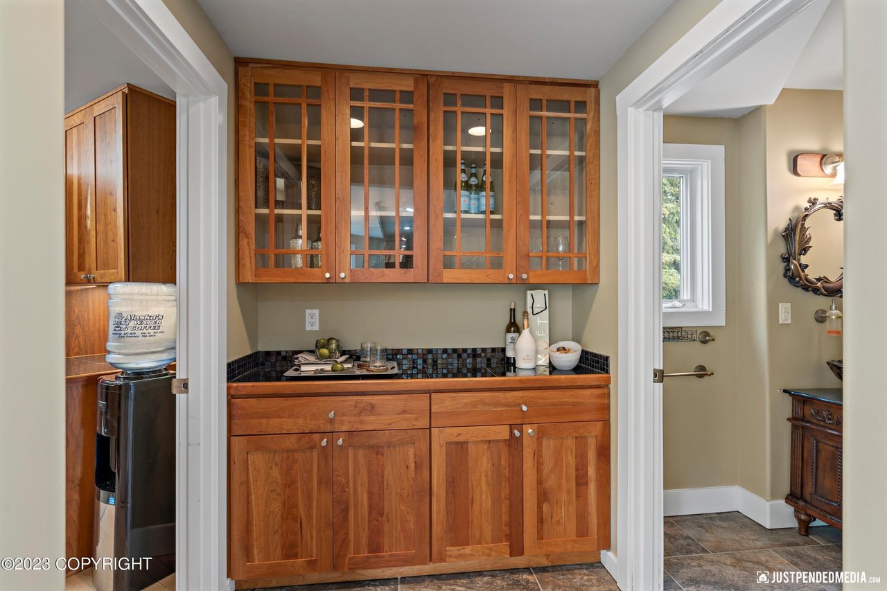 Kitchen with wooden cabinets.