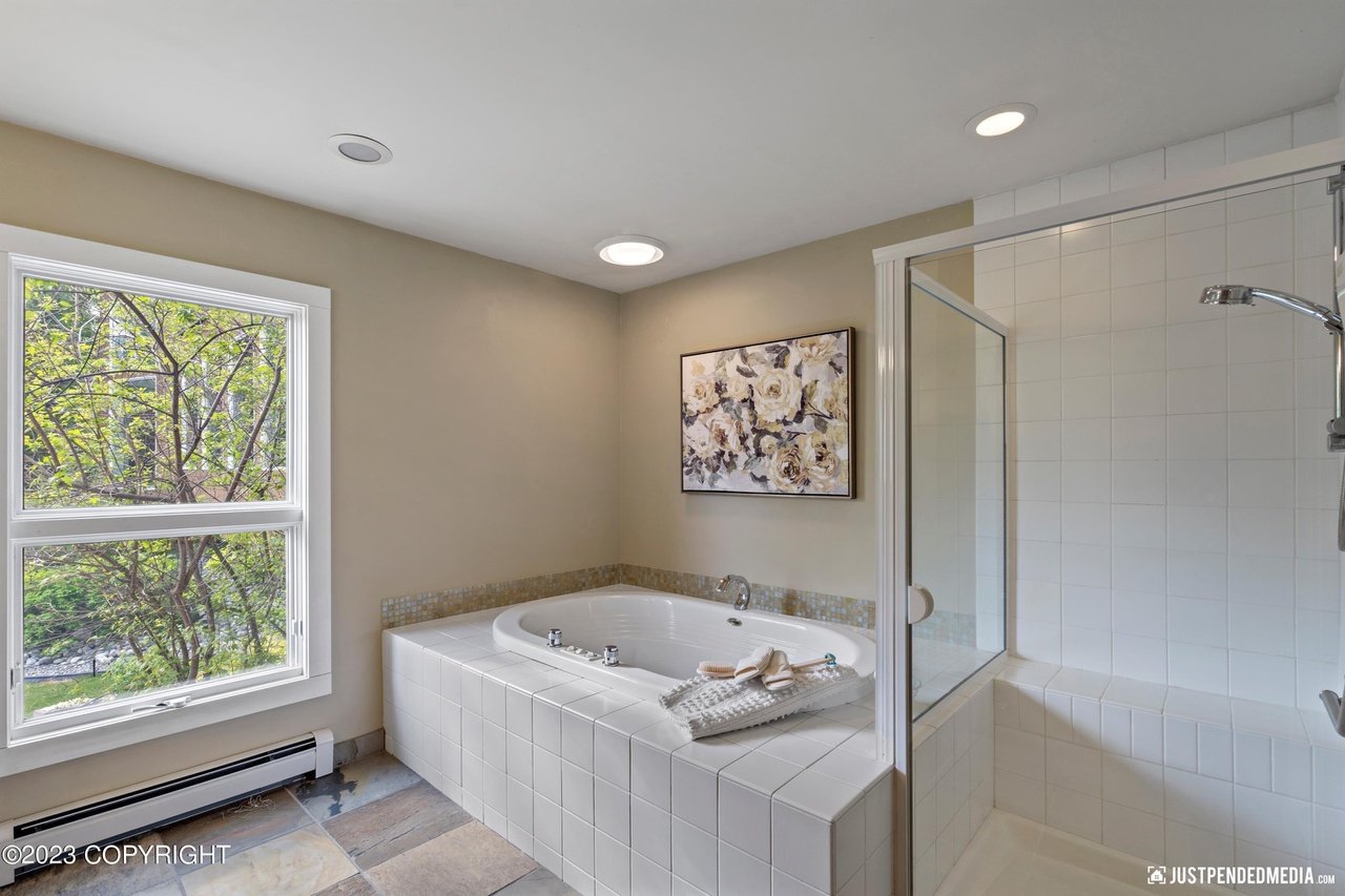 Bath tub and shower.