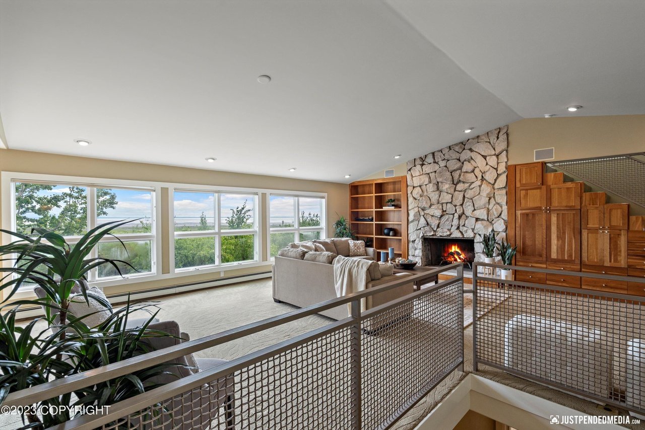 Spacious living room with a fireplace.