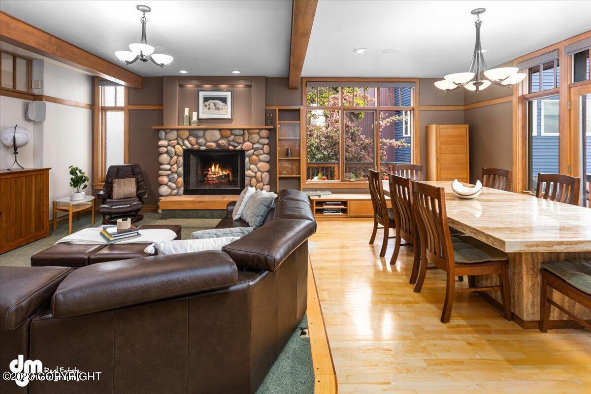 Modern living room adjacent to the dining table.