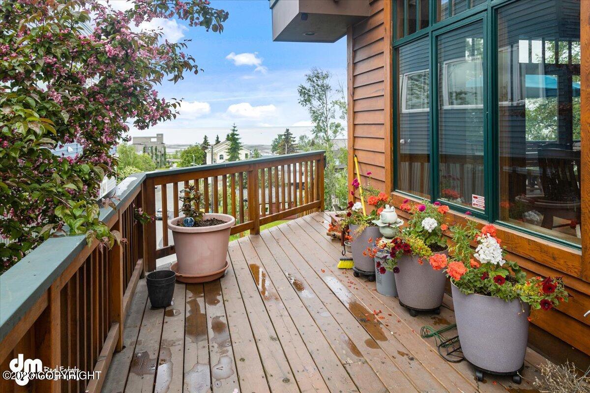 A balcony with potted flowers and a view of the neighborhood.
