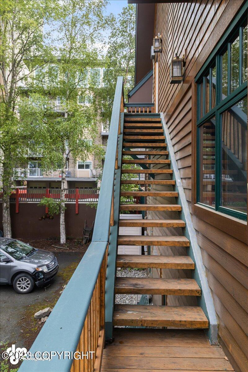 A wooden staircase.