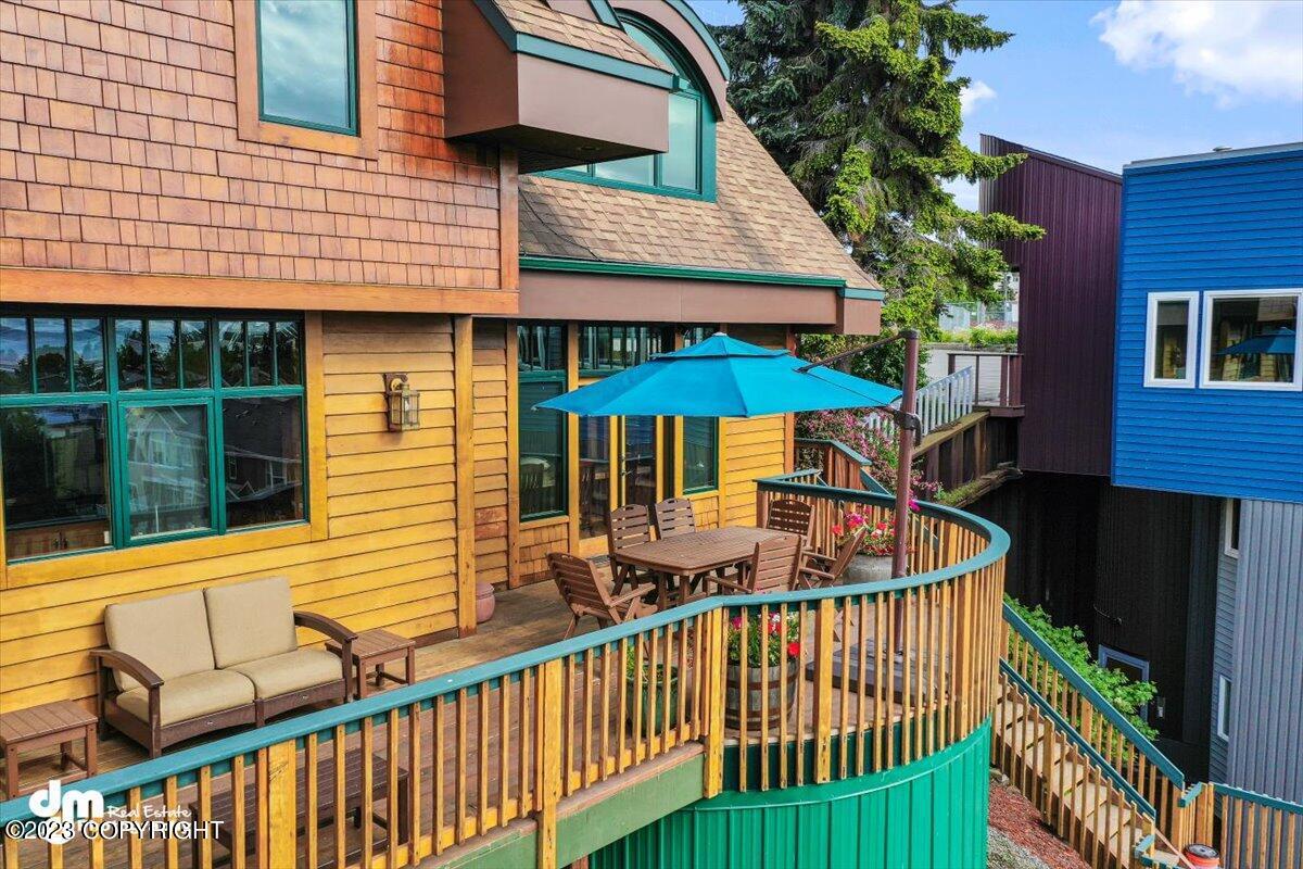 A deck with a patio.