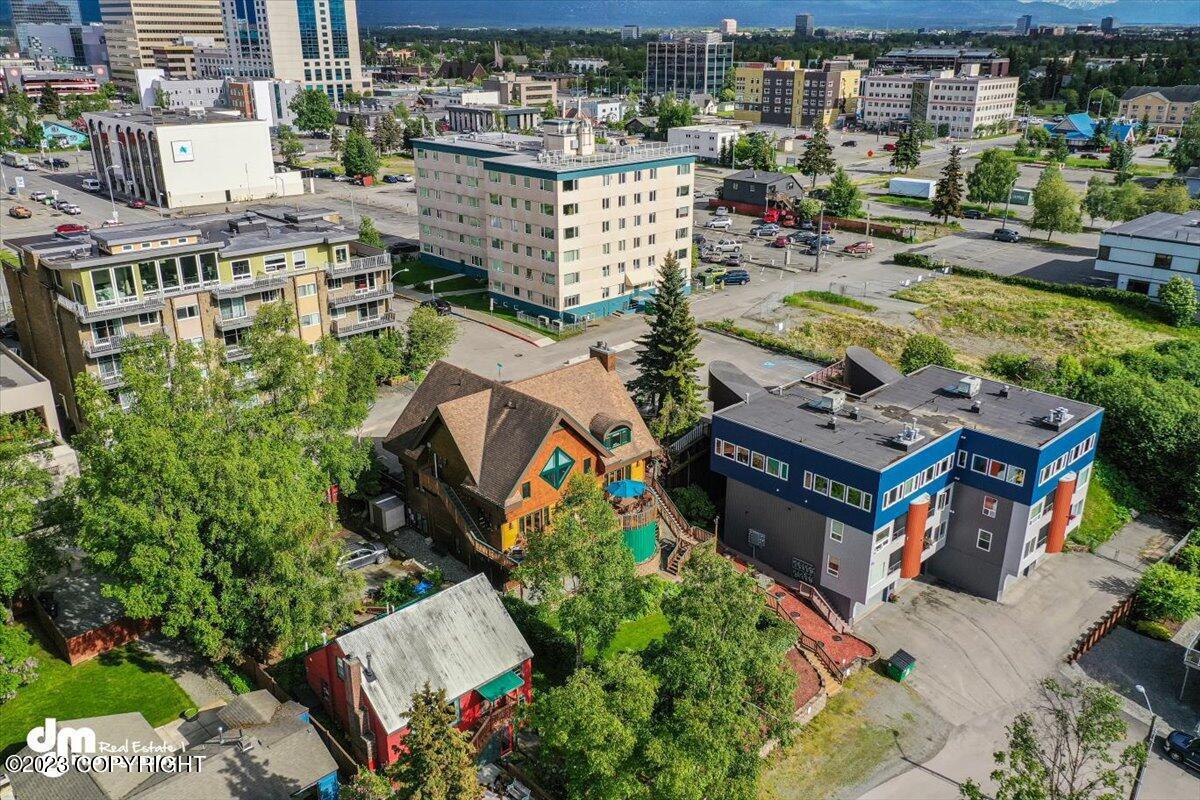 Aerial view of the backyard with a view of downtown.