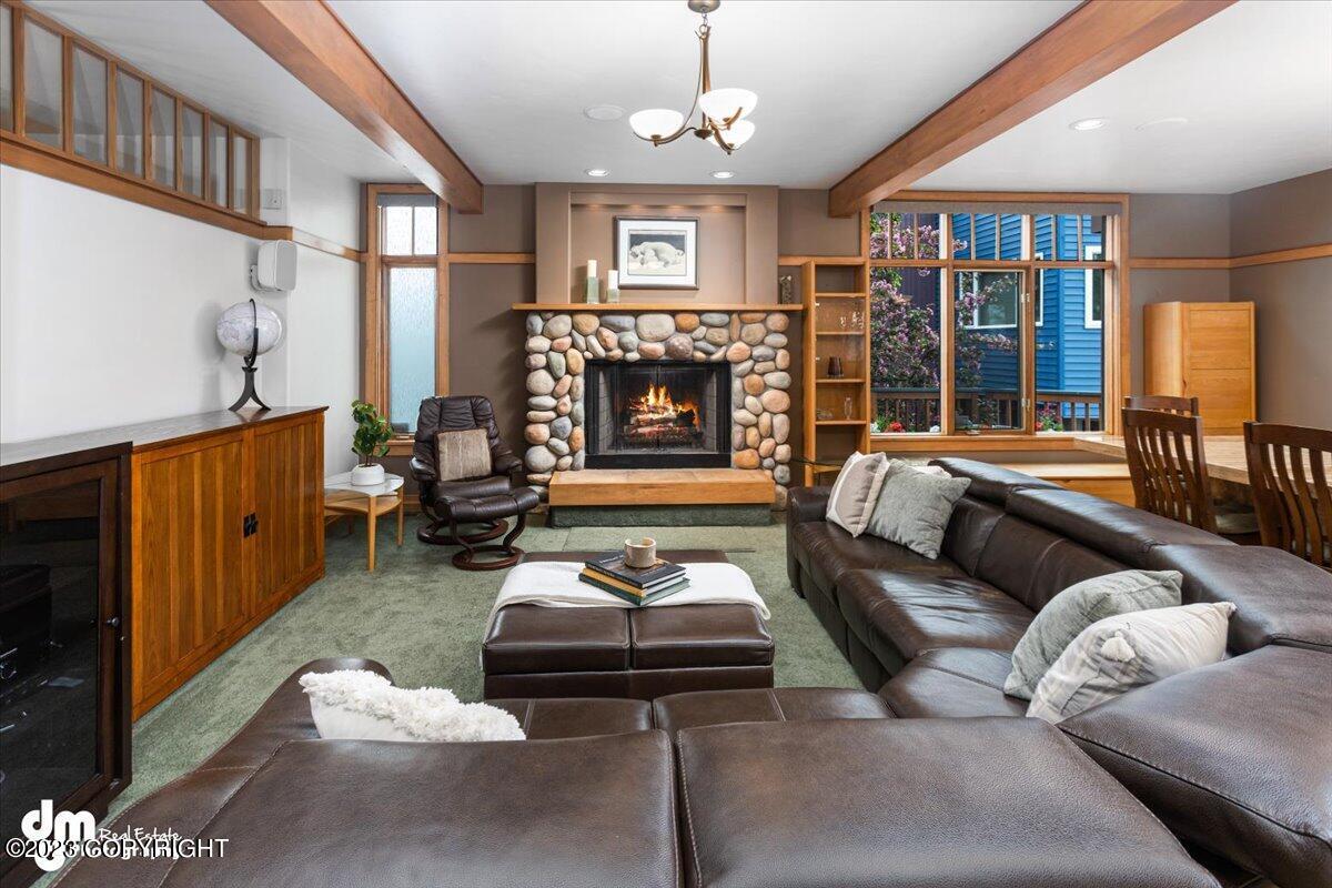 Modern living room with fireplace.
