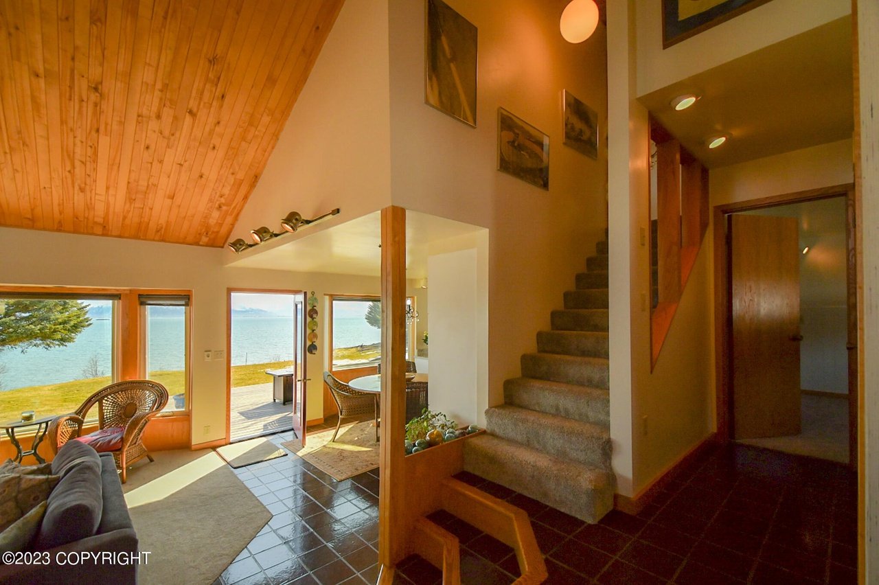 Living room with a view of the water.