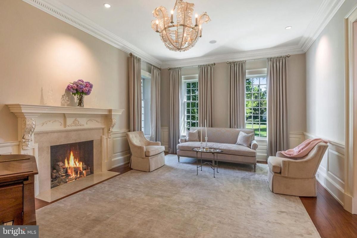 Spacious living room with a fireplace.