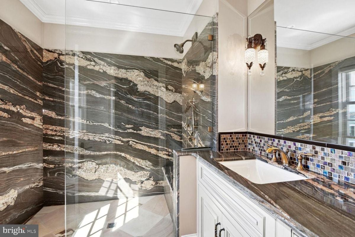 A bathroom with a shower.