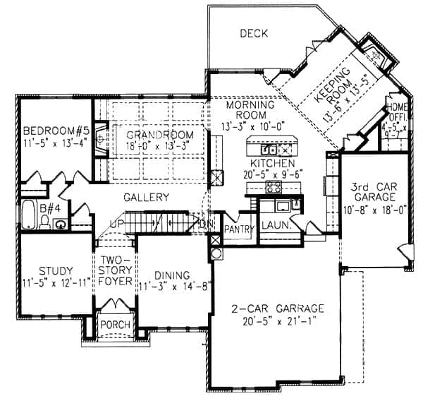 Main level floor plan of a two-story Tudor style 5-bedroom Canon home with foyer, study, dining room, grand room, kitchen, morning room, keeping room, a bedroom, laundry, and a 3-car garage.