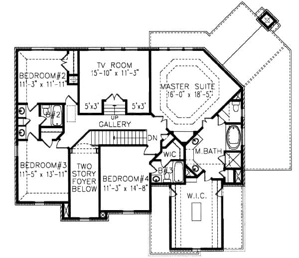Second level floor plan with four bedrooms, three baths, and a TV room.