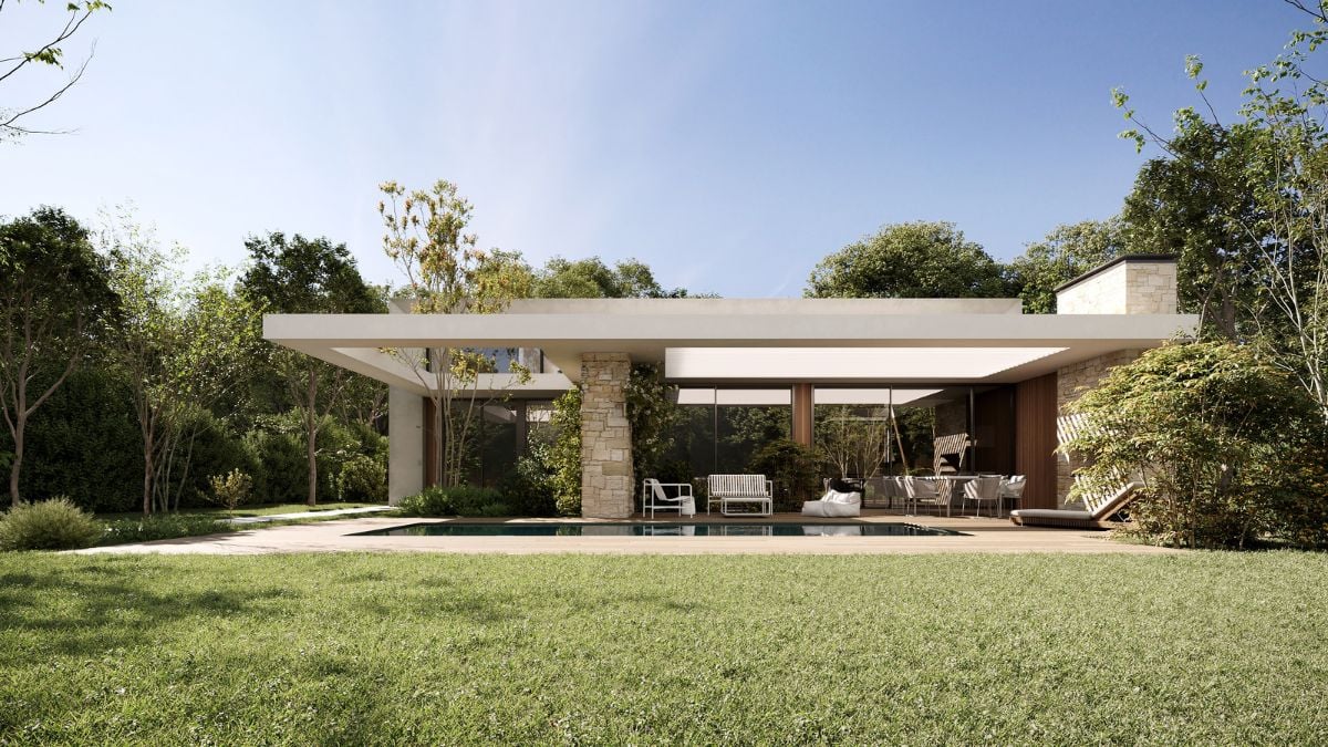 A swimming pool and a covered patio