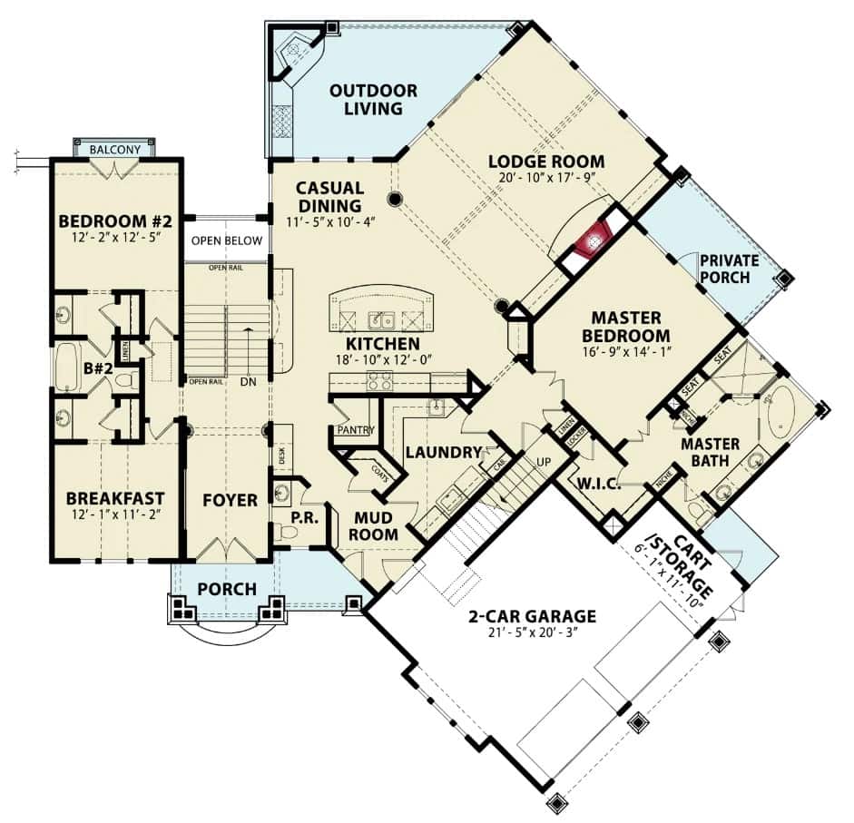Main level floor plan of a mountain style 3-bedroom single-story Stone Gap cottage with foyer, kitchen, casual dining, lodge room, three bedrooms, laundry, and mudroom leading to the garage.