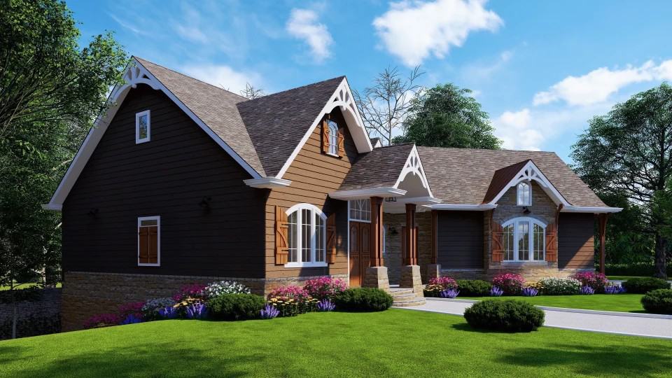 Front-left rendering with a covered entry and multiple gables adorned with decorative trims.