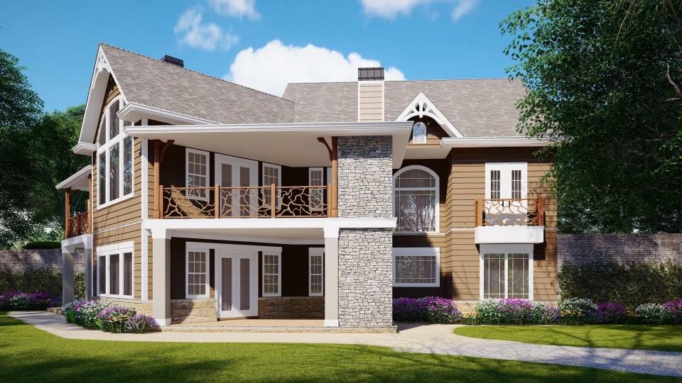 Rear-left rendering with covered porches, a balcony,, and a chimney.