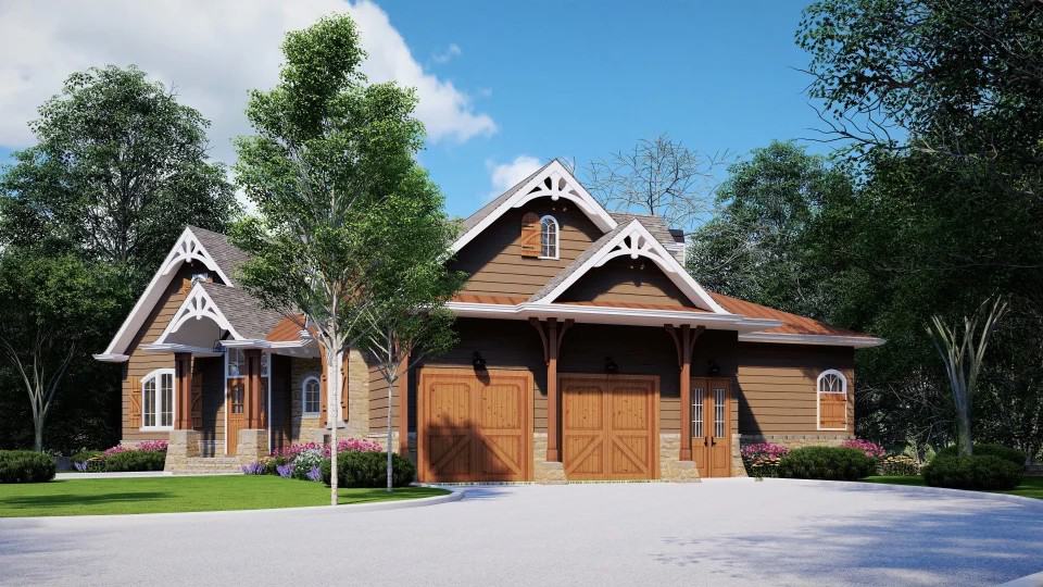 Right rendering showcasing the 2-car side-loading garage and concrete driveway.