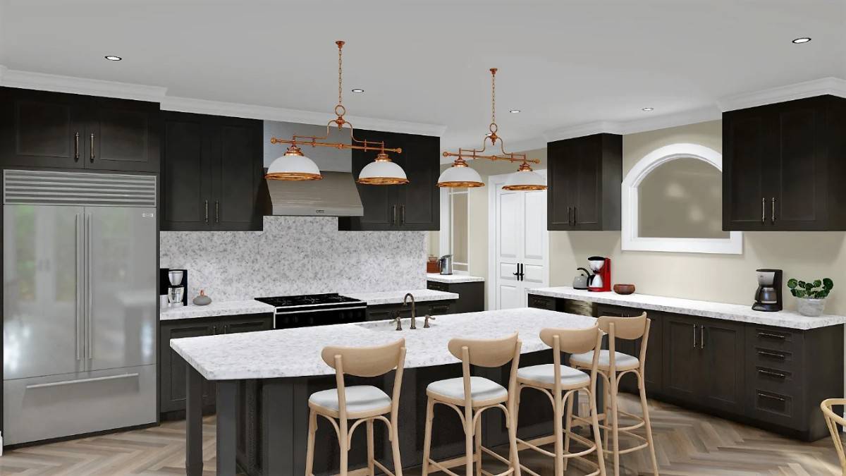 Kitchen with dark wood cabinets, stainless steel appliances, and a large island lined with four counter stools.