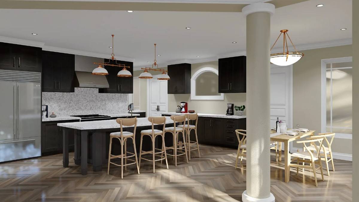 Kitchen and dining room with beige walls and a parquet floor.