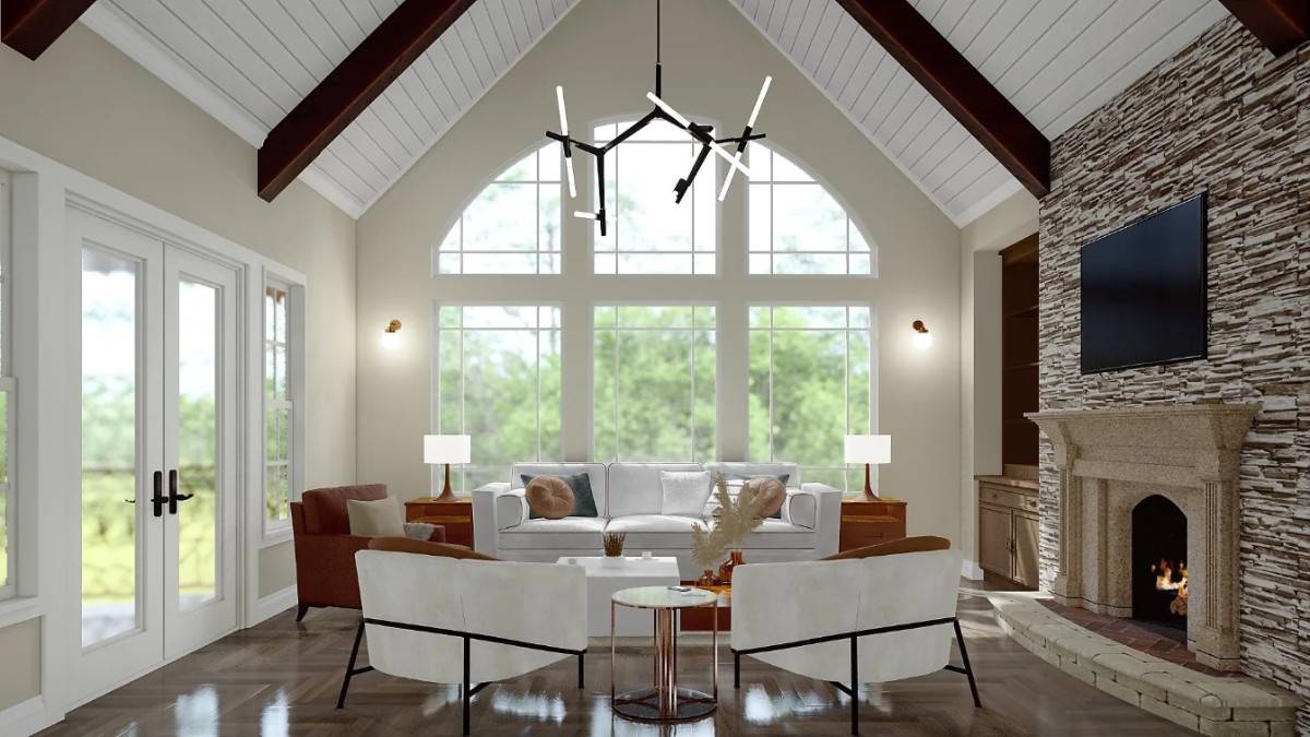 The lodge room includes a wall of windows and sliding glass doors that open onto the outdoor living.