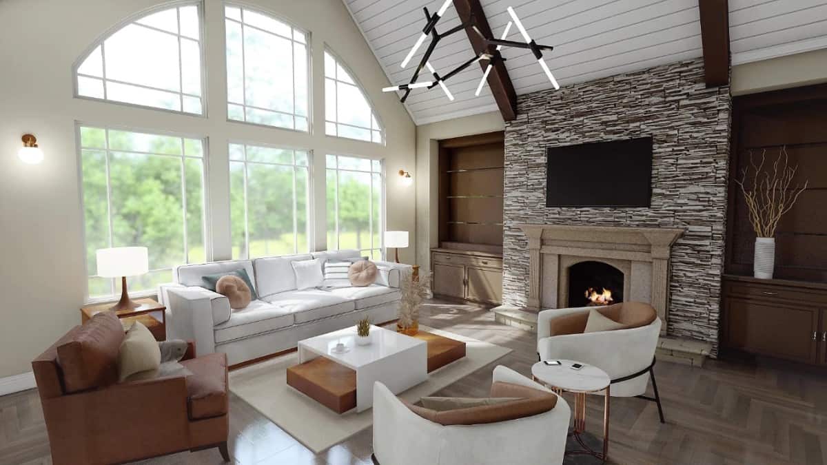 Lodge room with modern seats, a stone fireplace, and a cathedral ceiling with exposed beams.