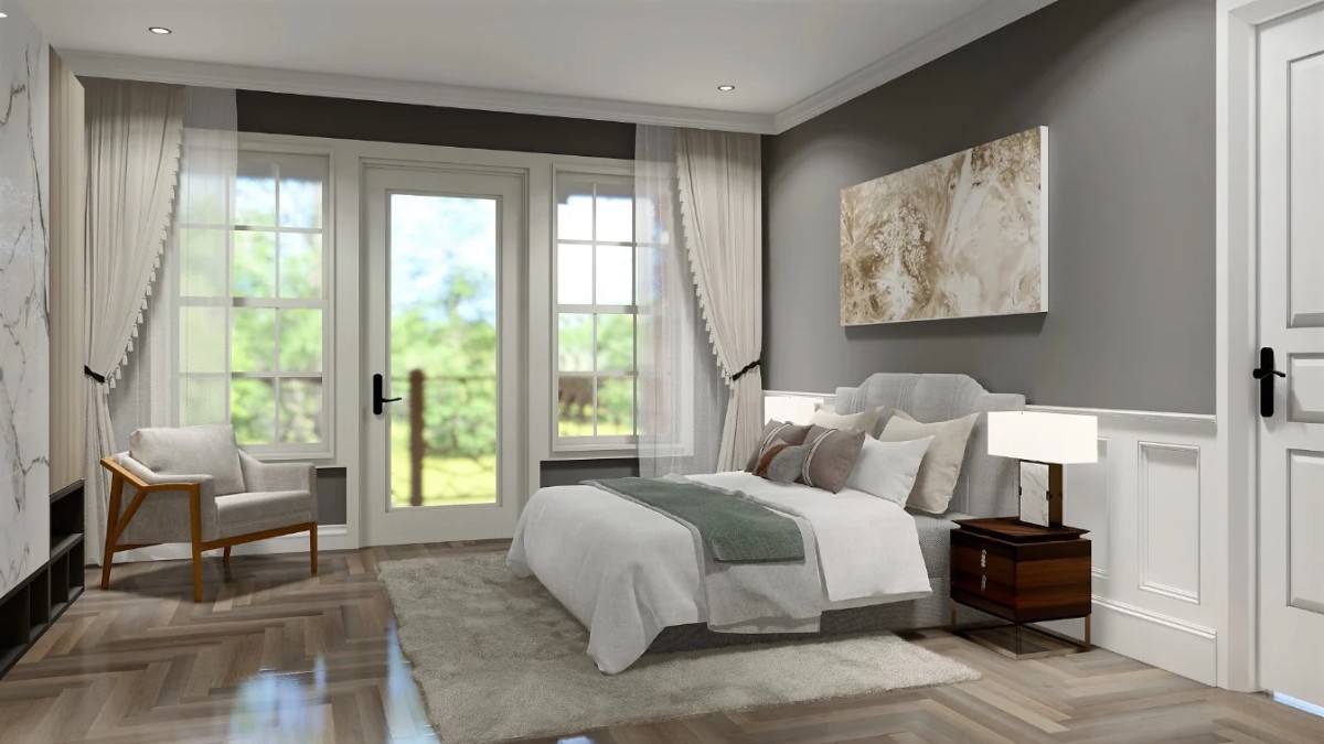 Primary bedroom with a private porch, a cushioned armchair, and un upholstered bed against the half-wainscoted wall.