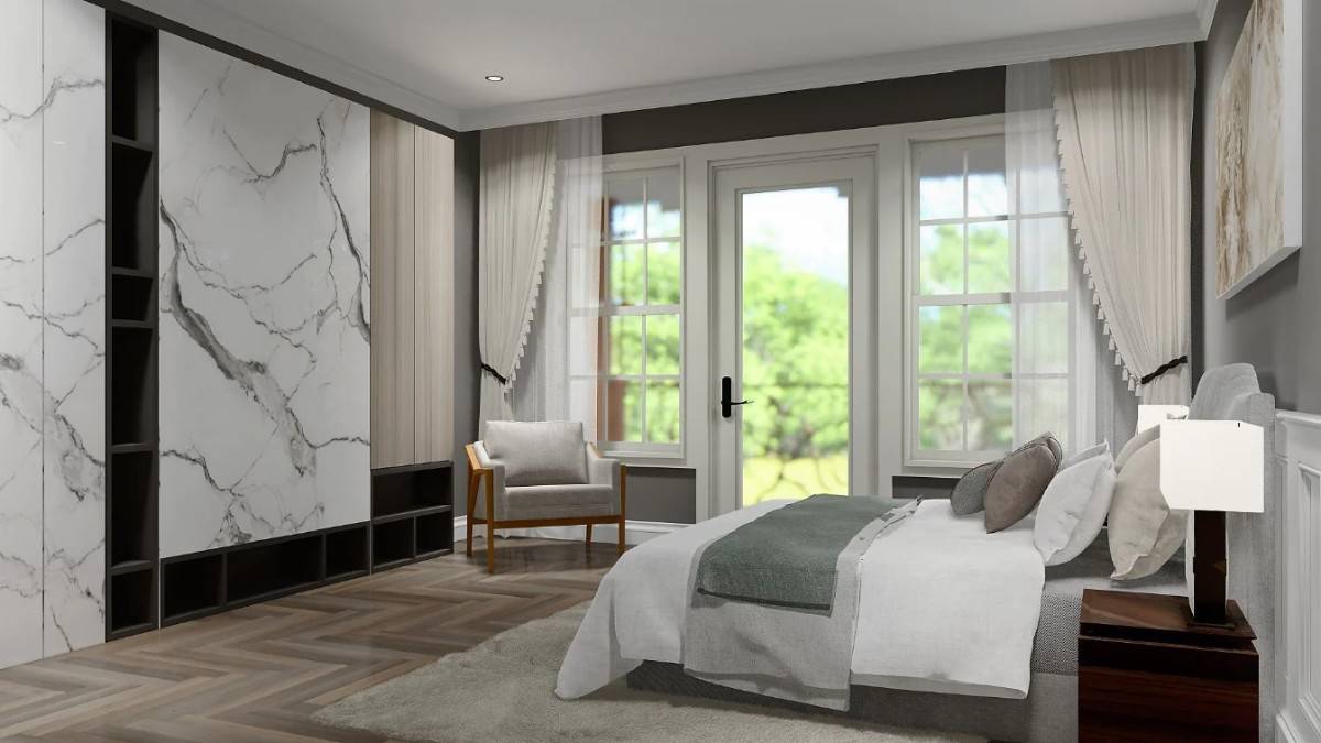 The primary bedroom includes built-in cubbies and chevron wood flooring.