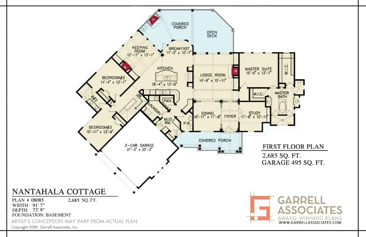 Lower level floor plan with social room, home theater, billiards room, and three more bedrooms.