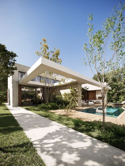 A concrete walk way and a swimming pool