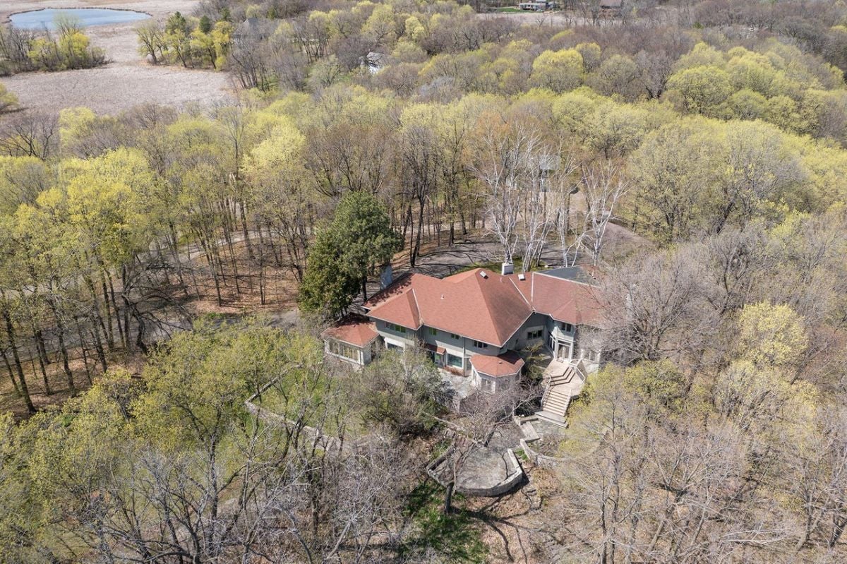 Aerial view of the mansion surrounded by trees.