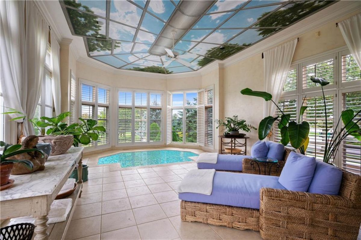 Indoor pool with a transparent roof.