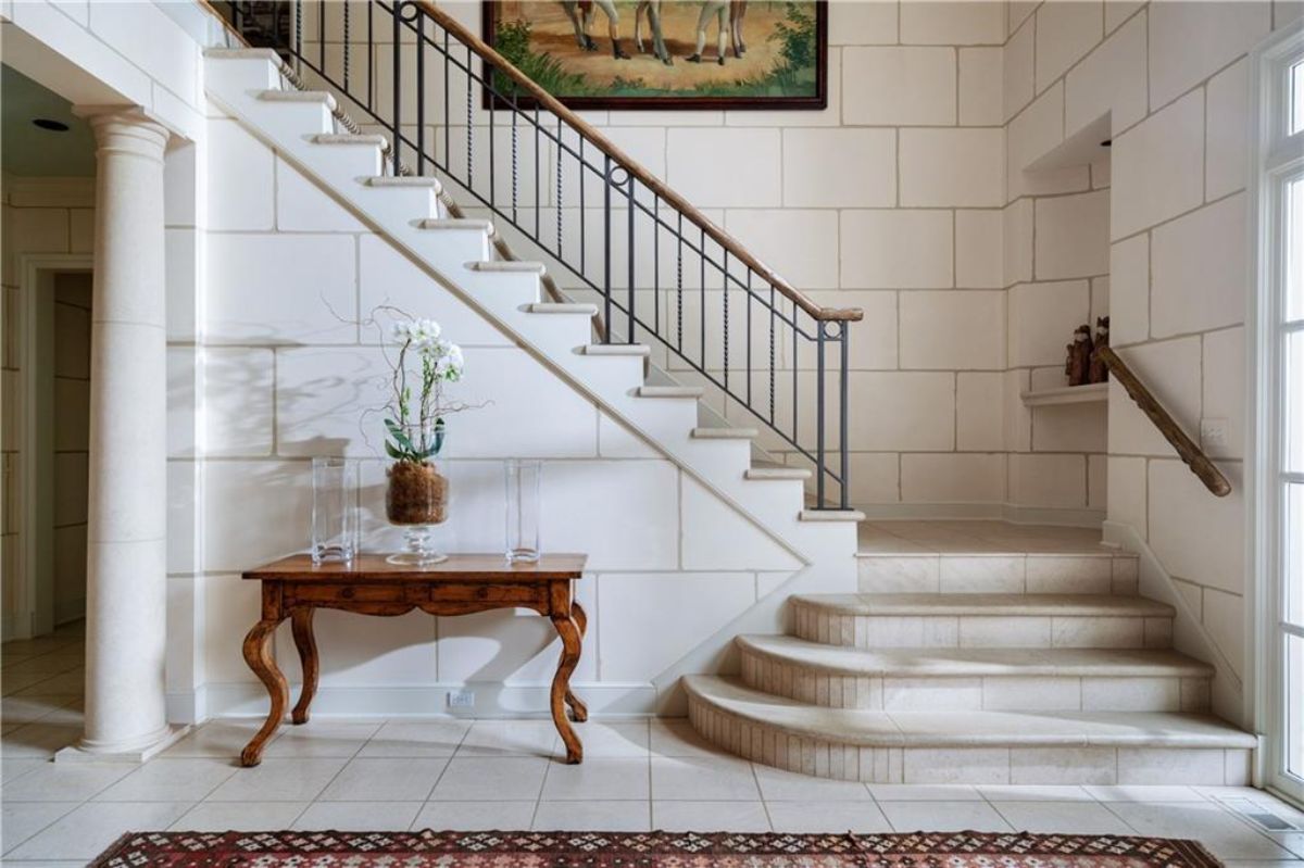 Entryway table near the stairs.